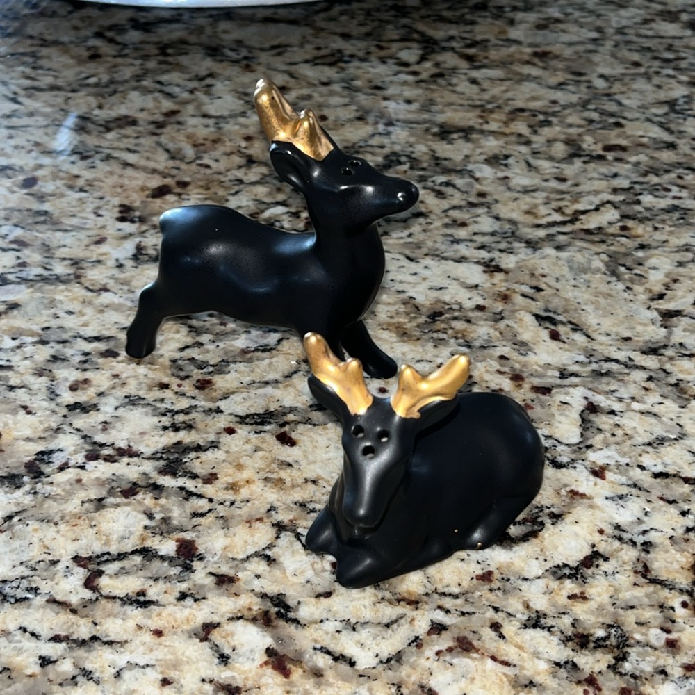 MCM Matte Black and Gold Deer Salt & Pepper Figurines